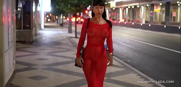  Red transparent dress in public